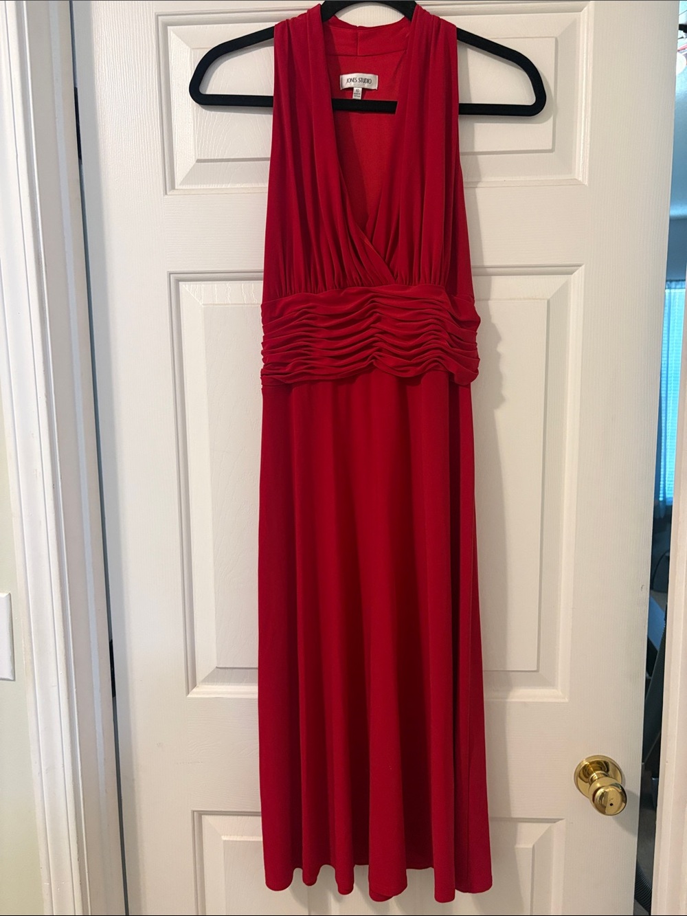Dress Barn Red Sleeveless V-Neck Maxi Dress with Ruched Waistband